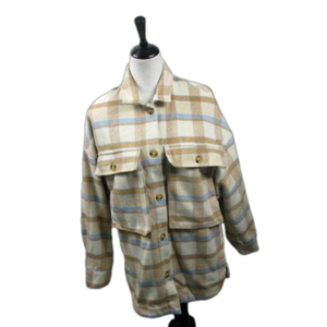 Pink Lily Tan/Light Blue Plaid Wool Blend Button Front Shacket Size Small